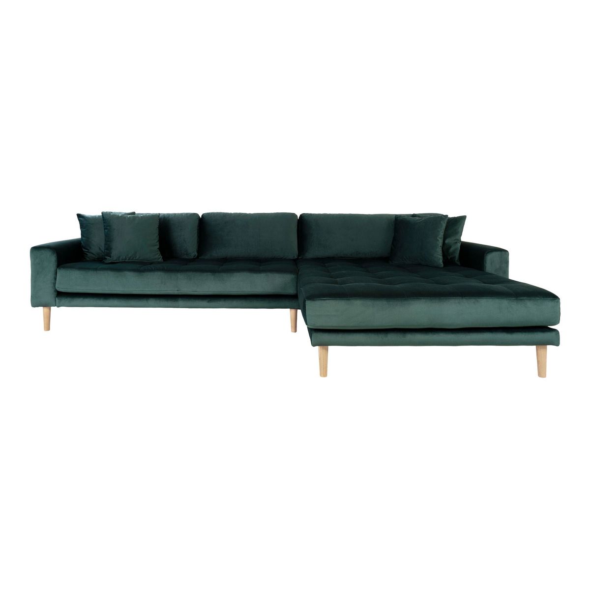 Lido Lounge Sofa - Lounge Sofa, højrevendt i mørkegrøn velour med fire puder og natur træben, HN1006 - Grøn