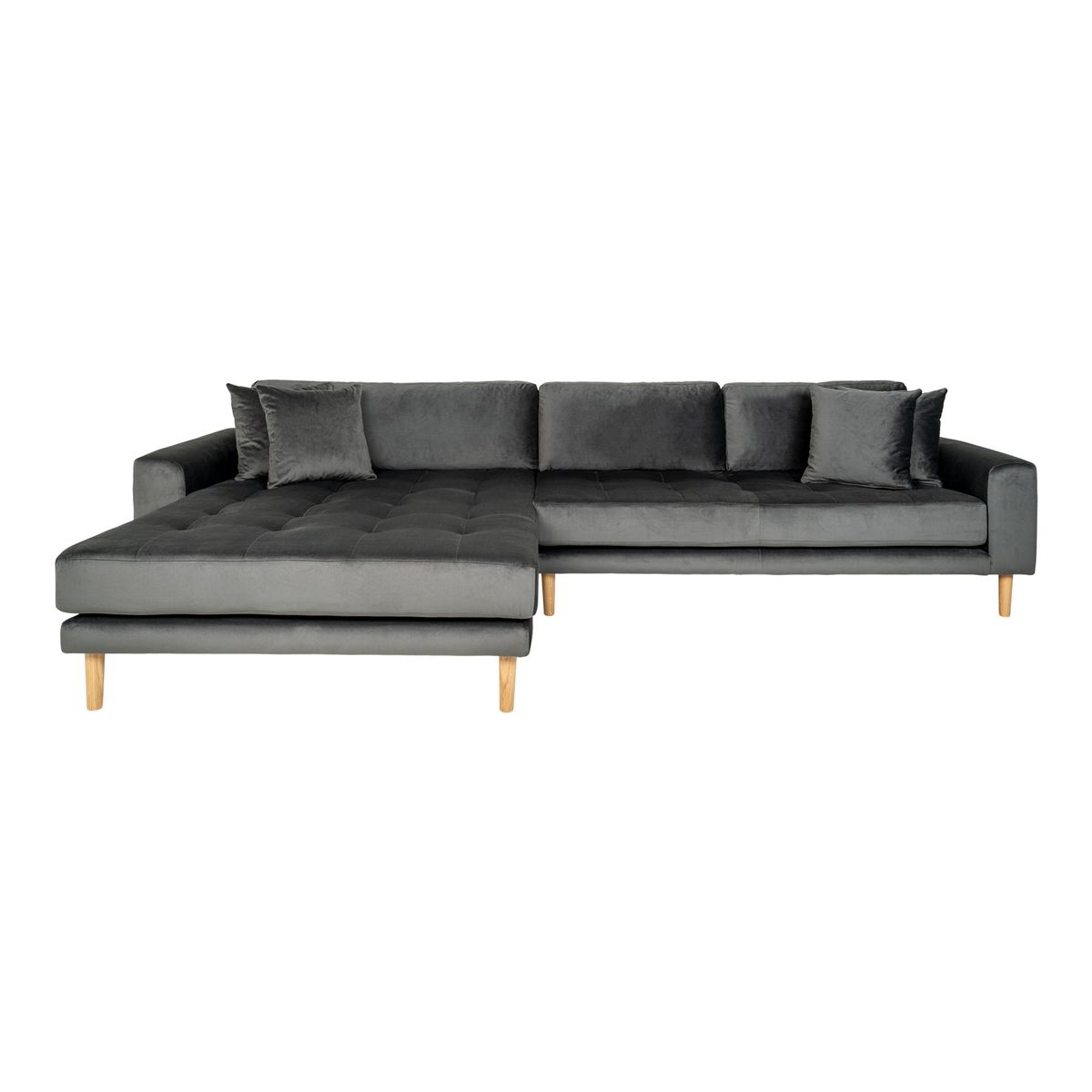 Lido Lounge Sofa - Lounge Sofa, Venstrevendt I Mørkegrå Velour Med Fire Puder Og Natur Træben, Hn1013