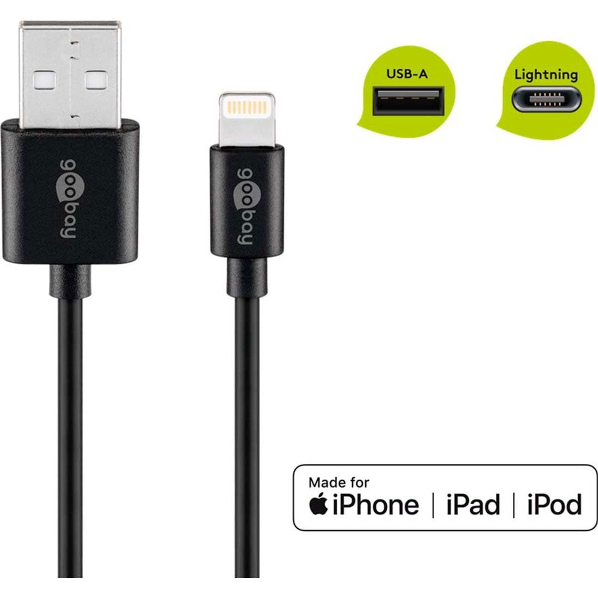 Lightning kabel - 1A - 2m - Sort - MFi kabel til iPhone (72906)