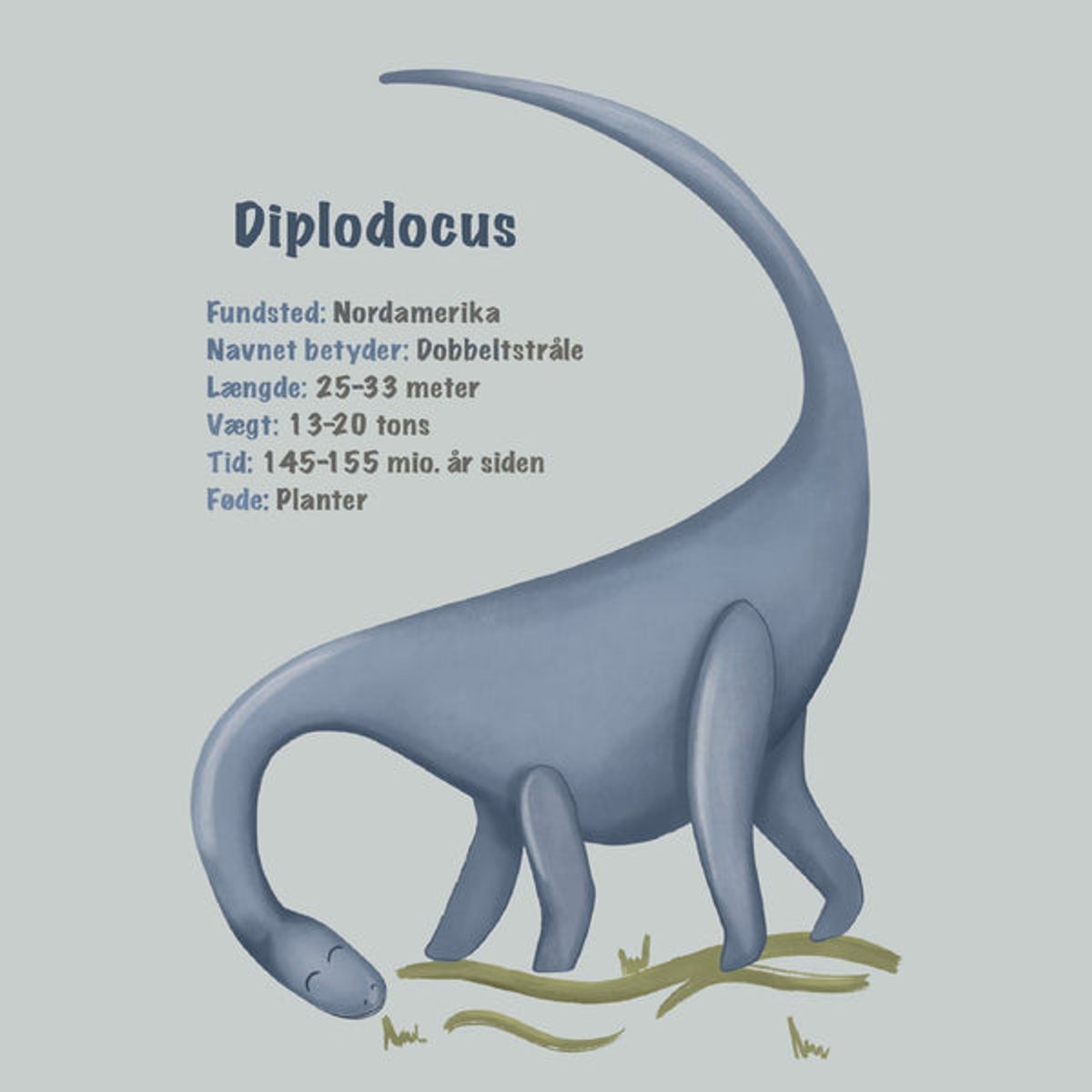 Lille Plakat Blå Dinosaur Plakat - Diplodocus - Med Infotavle