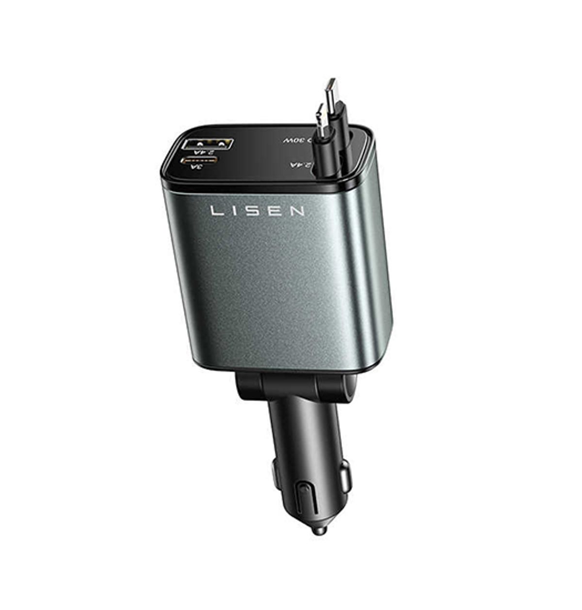 LISEN&trade; | Biloplader M. udtrækkelig USB-C & Lightning - 100W