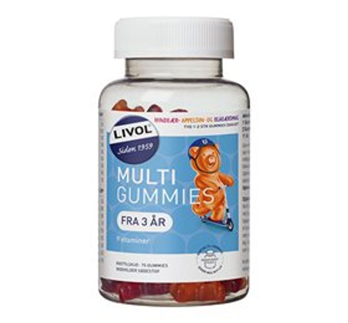 Livol Multi gummies med hindbær-, appelsin- og blåbærsmag 75 gummies.