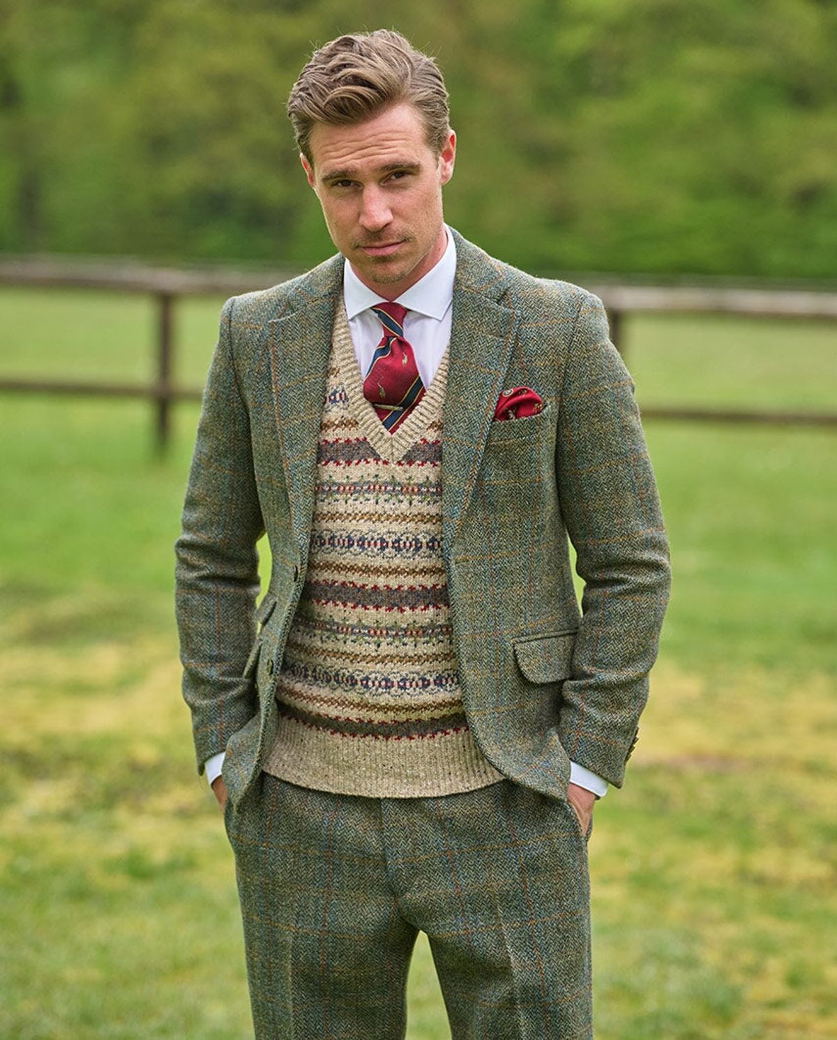 London tweed blazer, Harris Tweed, olivengrøn med blå/brun overtern - 102 EU