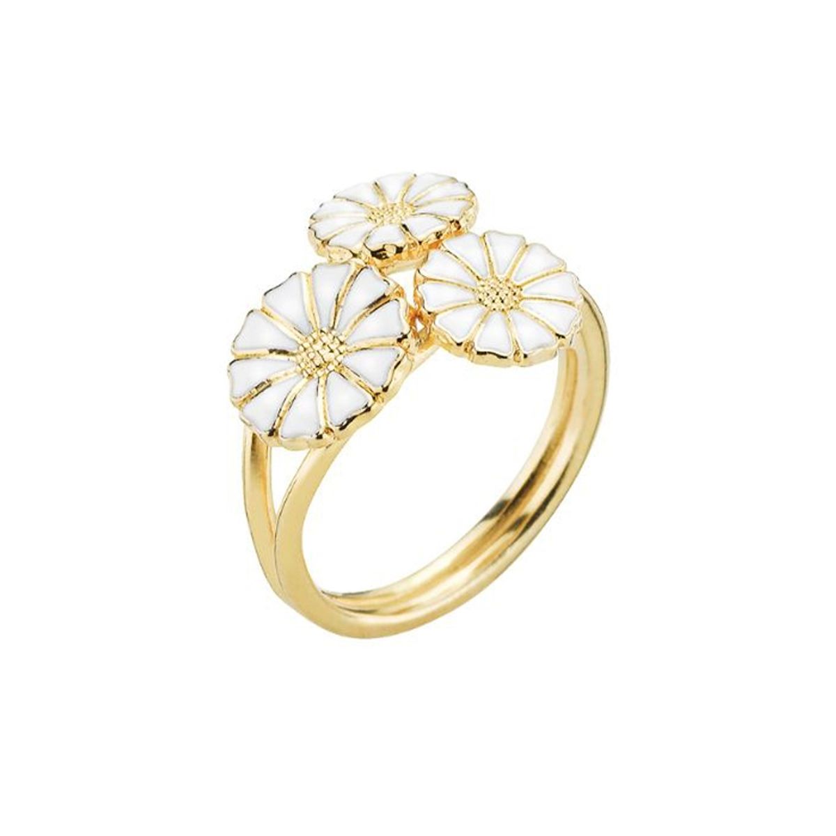 Lund Copenhagen Marguerit Ring, 3 blomster forgyldt med hvid emalje