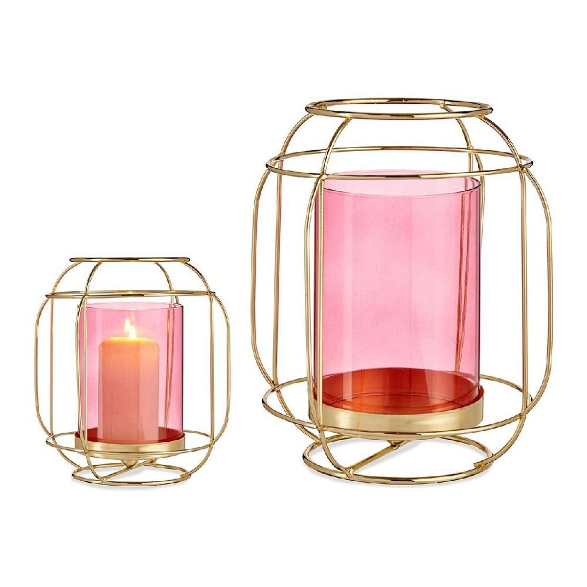 Lyseholder Pink Gylden Lanterna Metal Glas (19 x 20 x 19 cm)