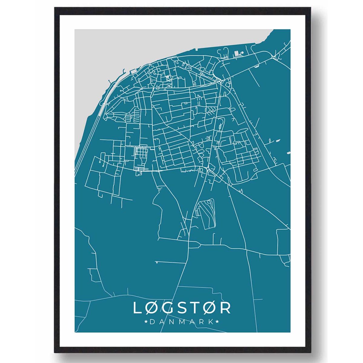 Løgstør by plakat - blå (Størrelse: S - 21x29,7cm (A4))