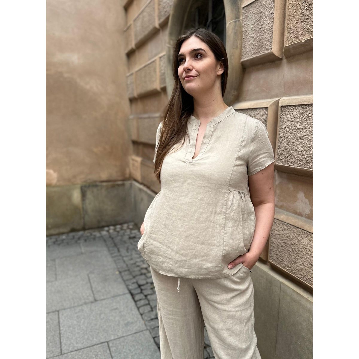 Maggy hørbluse i mørk sand - XL/48-50