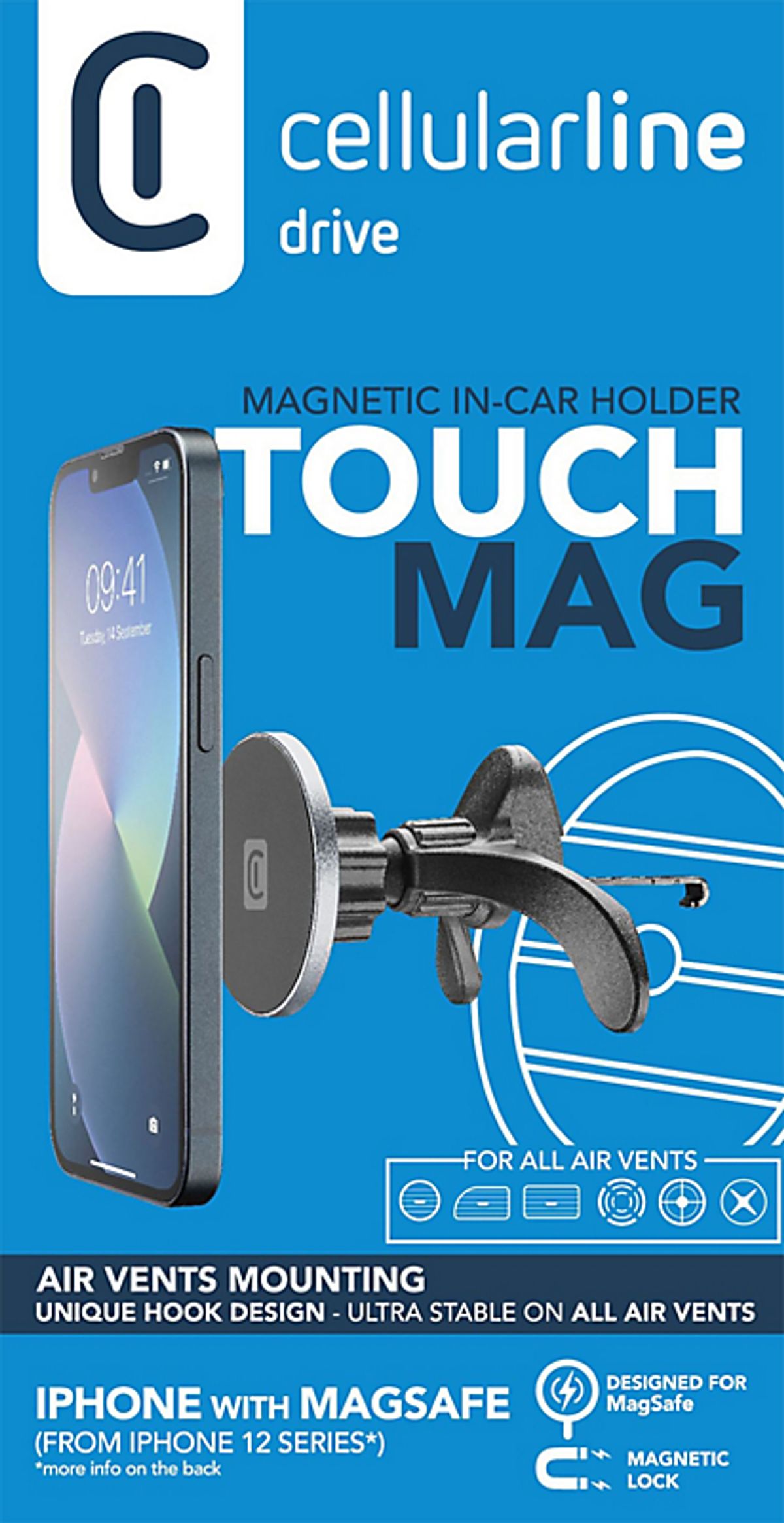 MagSafe mobilholder til bil Touch Mag, til iPhone 12, 13 & 14 monteres i ventilationen