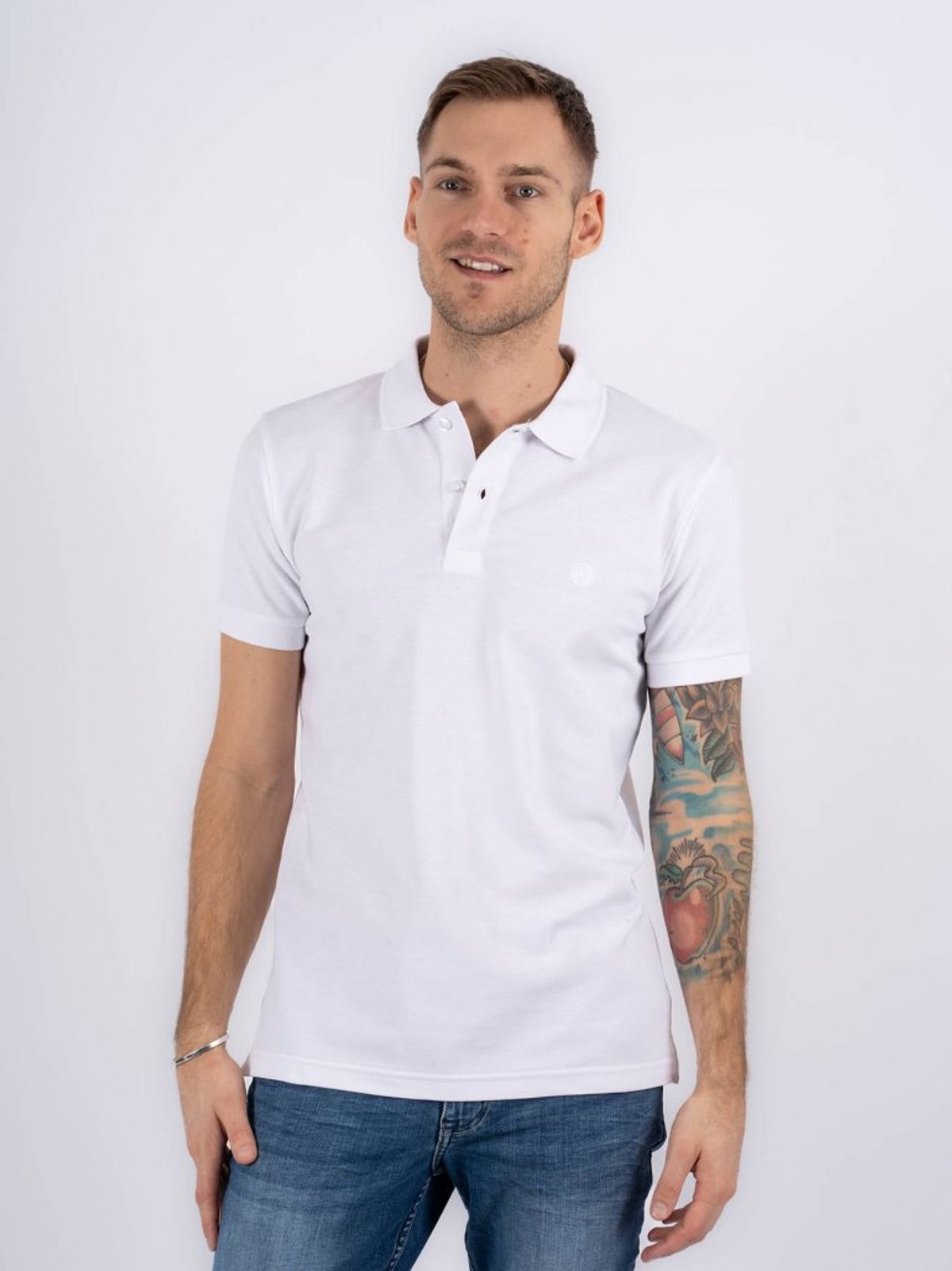 Marcus - Klassisk ensfarvet polo med broderet logo, hvid - Herre - Large