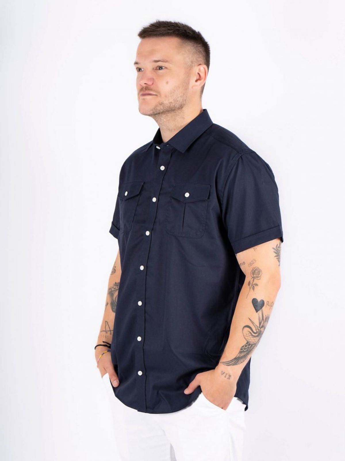 Marcus - Stretch skjorte med korte ærmer og lommer i navy - Herre - 2XL