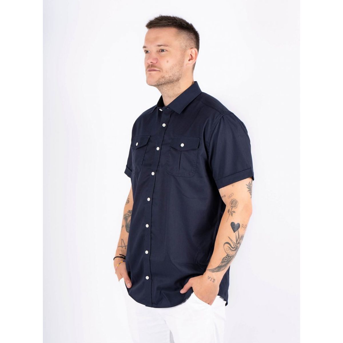 Marcus - Stretch skjorte med korte ærmer og lommer i navy - Herre - Medium