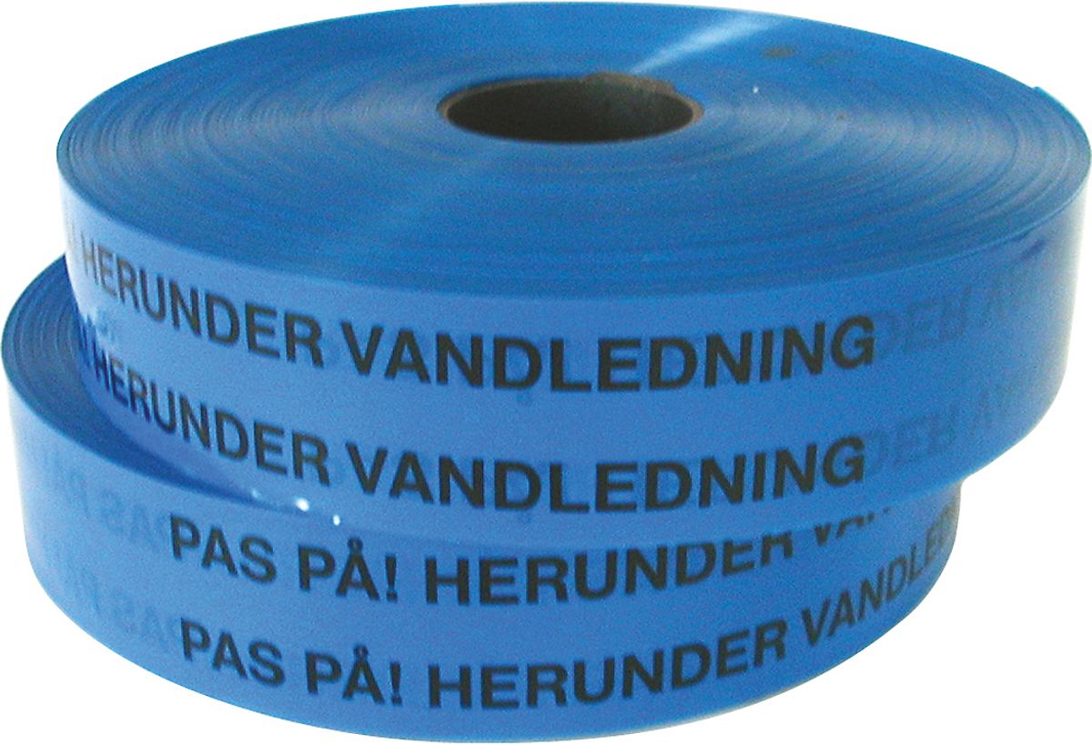 Markeringsbånd blå, 50 mm. Rulle a 500 mtr. ''PAS PÅ! HERUNDER VANDLEDNING''