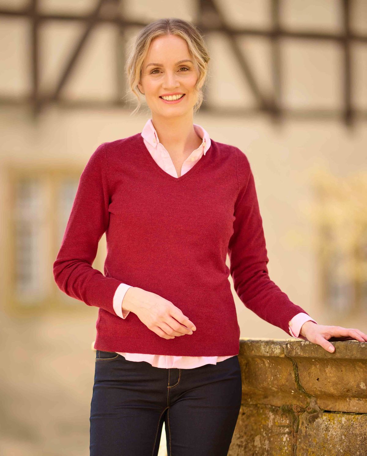 Mary ladies merino pullover, v-hals, red dahlia rød - 34