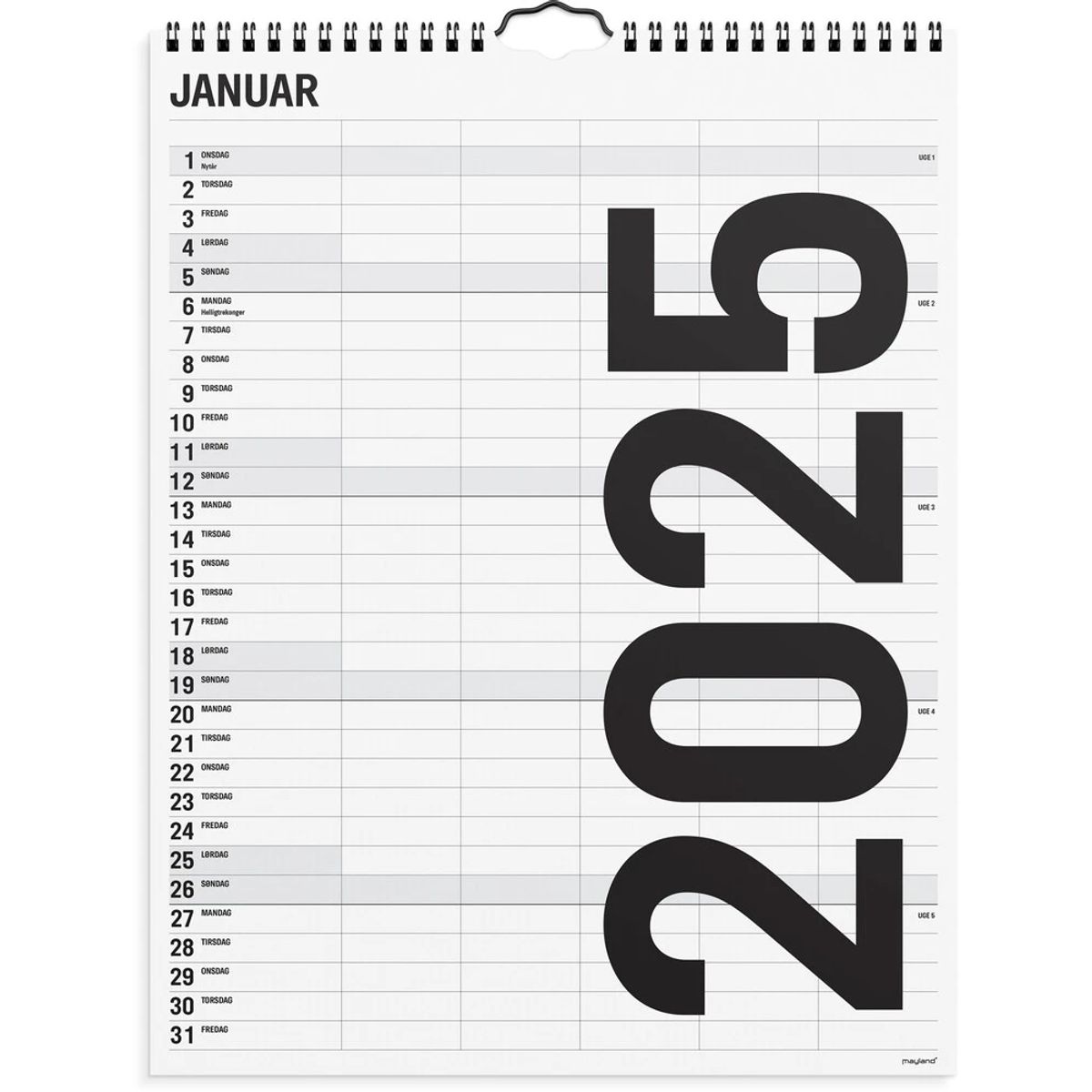 Mayland Familiekalender 2025 sort/hvid 5 kol