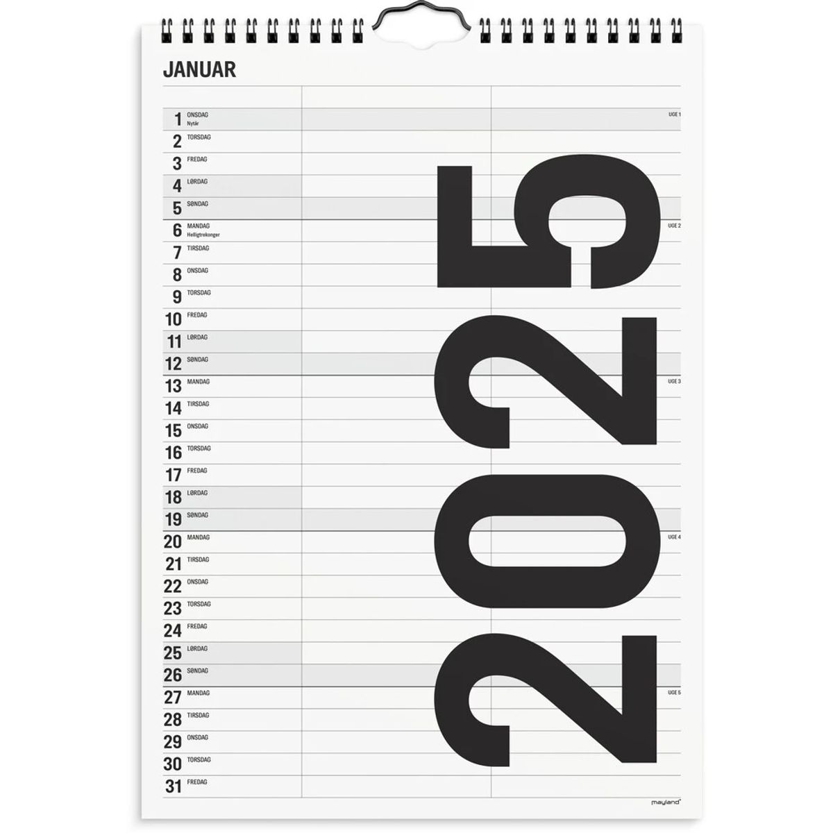 Mayland Familiekalender 2025 sort/hvid A4 2 kol