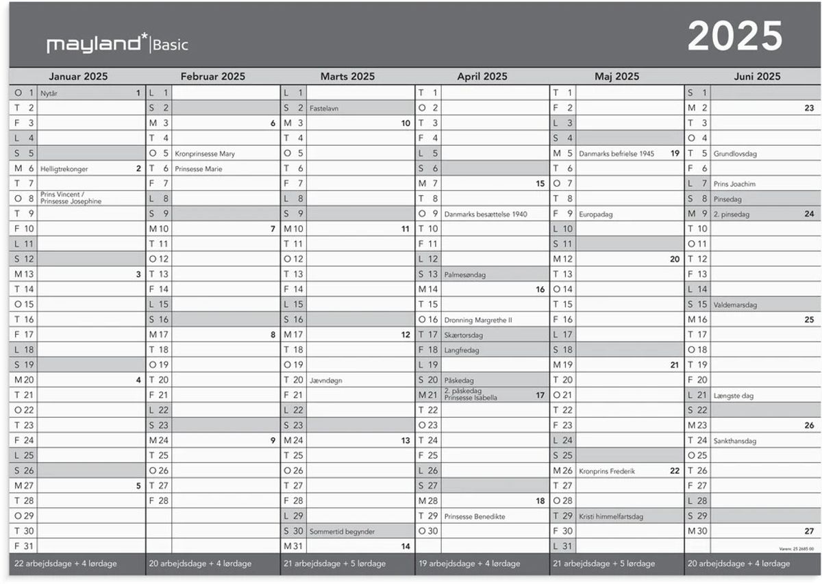 Mayland Kontorkalender basic 2025 A3 2x6 mdr.