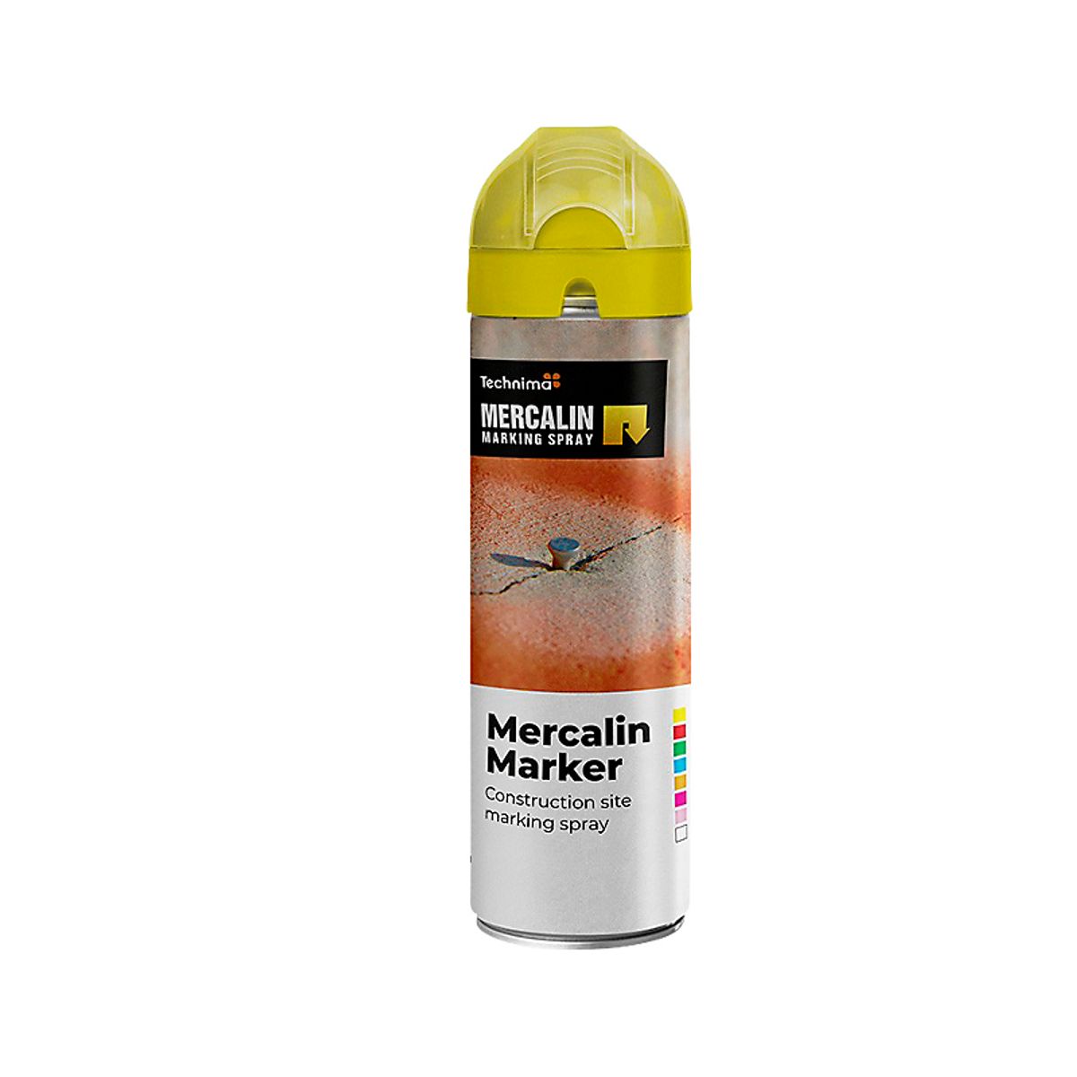 Mercalin markeringsspray 500ml FLUO gul, bl.a. til asfalt, beton, græs, grus, træ, sten & is