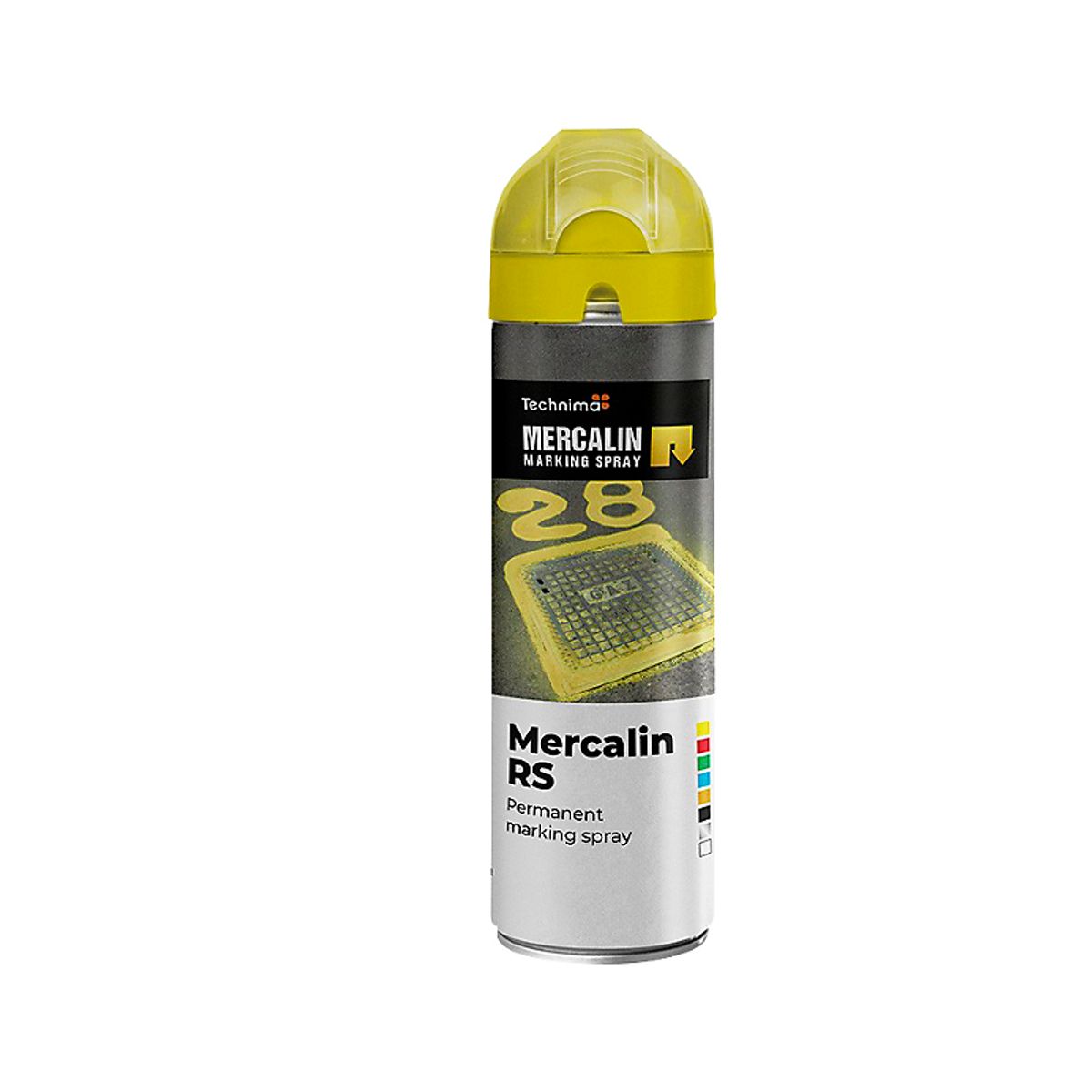 Mercalin markeringsspray 500ml RS gul, bl.a. til asfalt, beton, græs, grus, træ, sten & is