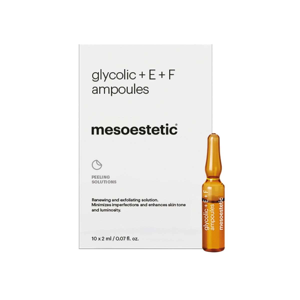 Mesoestetic Glycolic + E + F Ampoules - Antiage ampuller som øger hudtone - Effektiv mod behandling af tegn på aldring - 10 x 2 ml. - Bestil nu