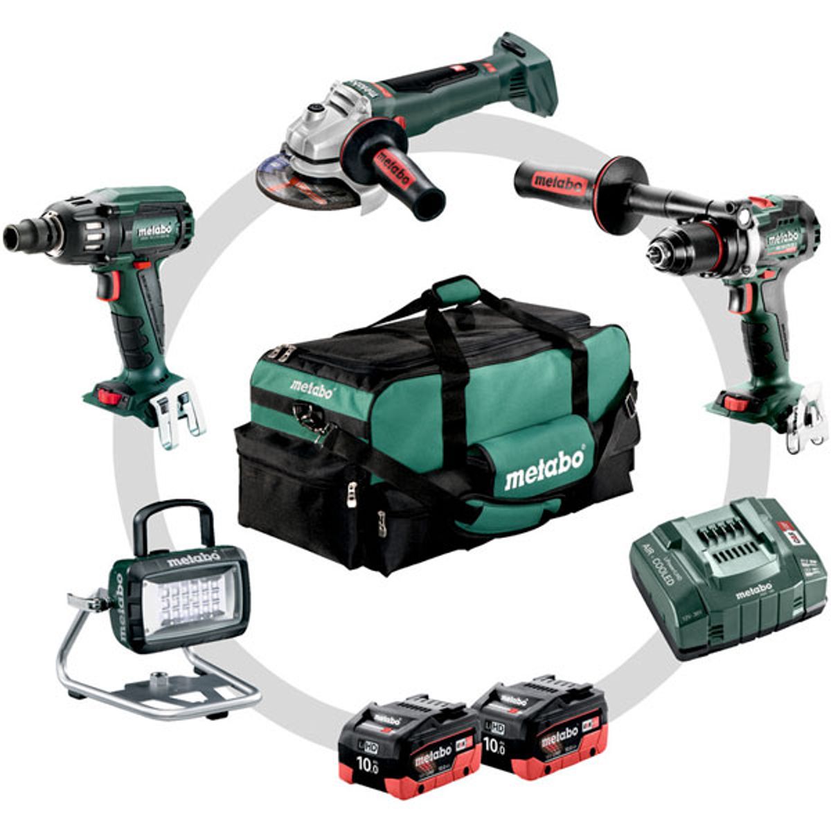 Metabo Combo SET 4.3.2 18V bore-/skruemaskine, slagnøgle, vinkelsliber og arbejdslampe