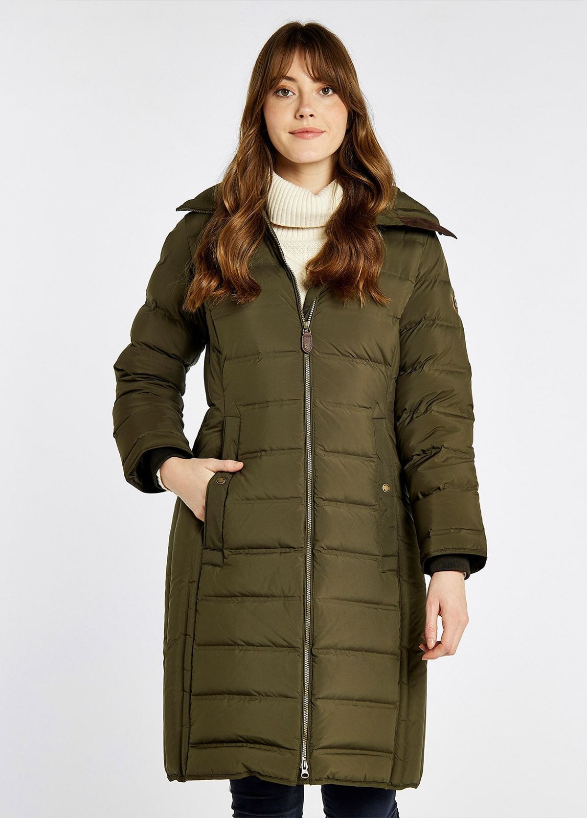 Meyers Ladies LONG Down Jacket, Oliven - 34 (UK8)