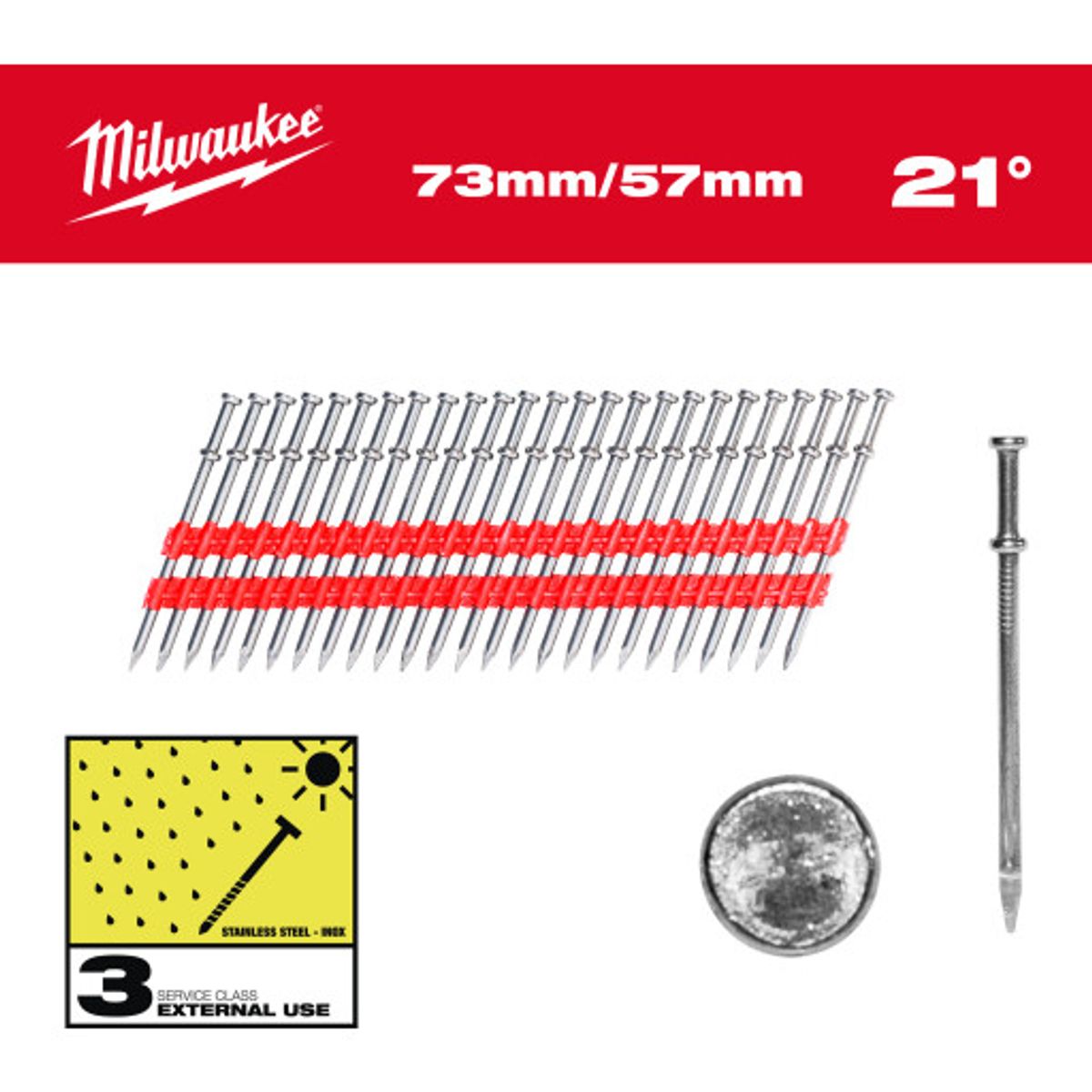 Milwaukee duplexsøm 21°, stav, 73/57 mm, C3, RH, 2000 stk.