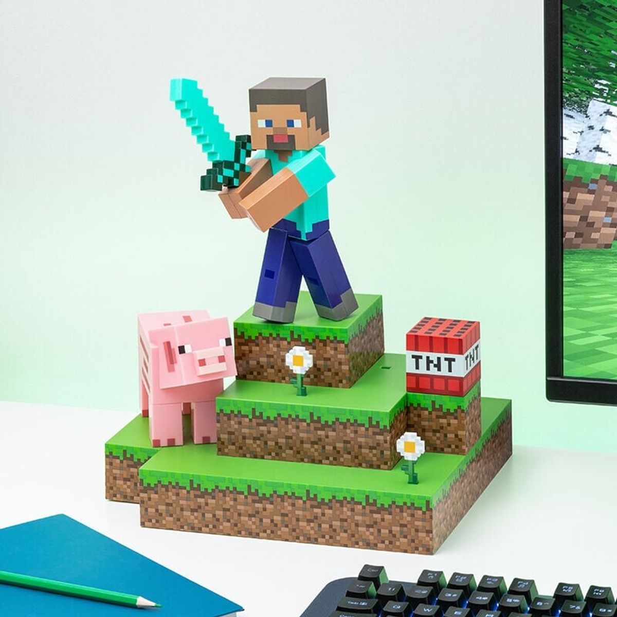 Minecraft Lampe - Steve, Gris Og Tnt - Usb - 30 Cm