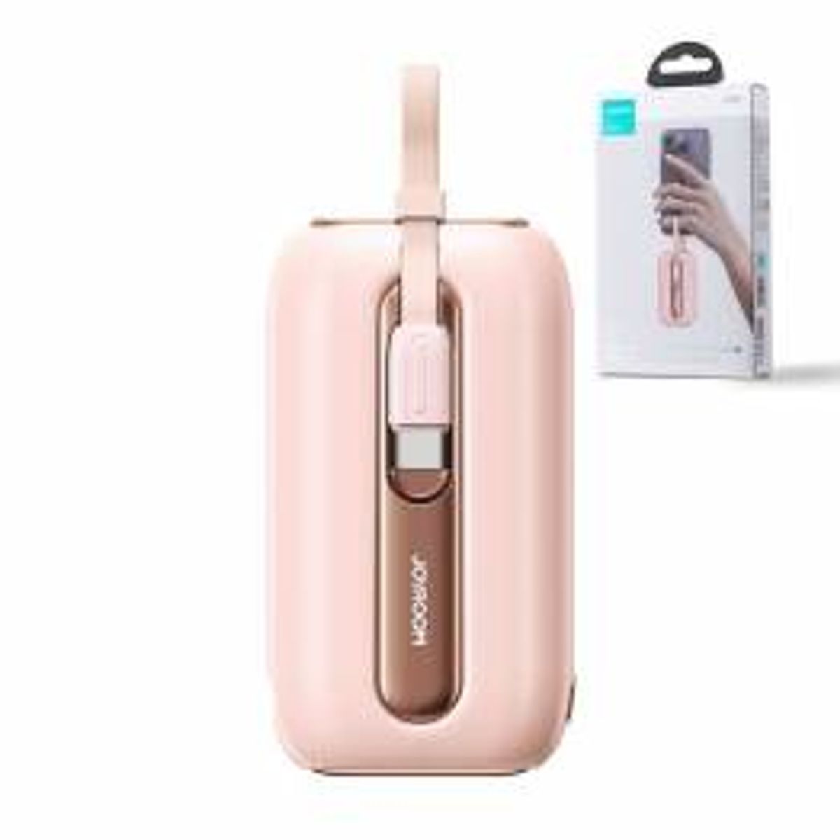 Mini powerbank m Lightning og USB-C kabler - 10.000mAh - 22,5W - Pink