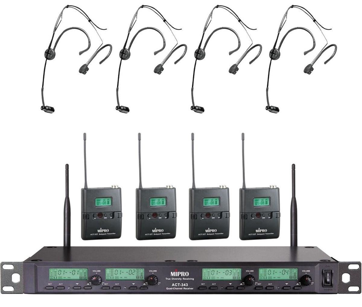 MIPRO ACT343-5NB Trådløs Modtager 4 Kanals Inkl. Lommesender og Headset - 518-542MHz