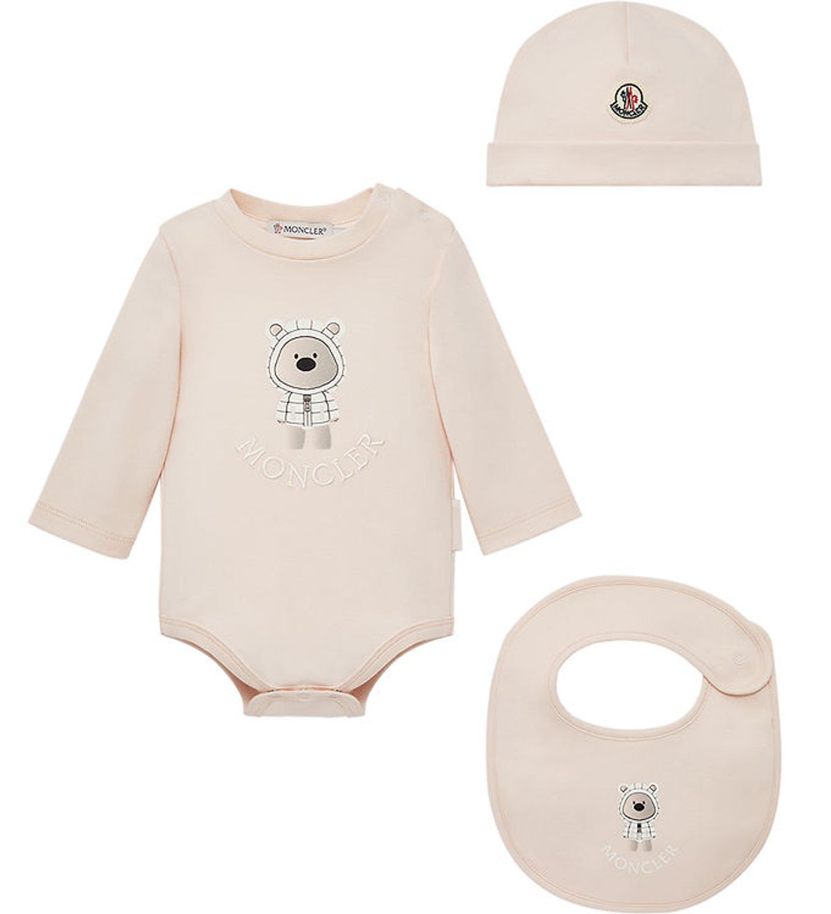 Moncler Sæt - Hue/Savlesmæk/Body l/æ - Light Pink m. Bamse