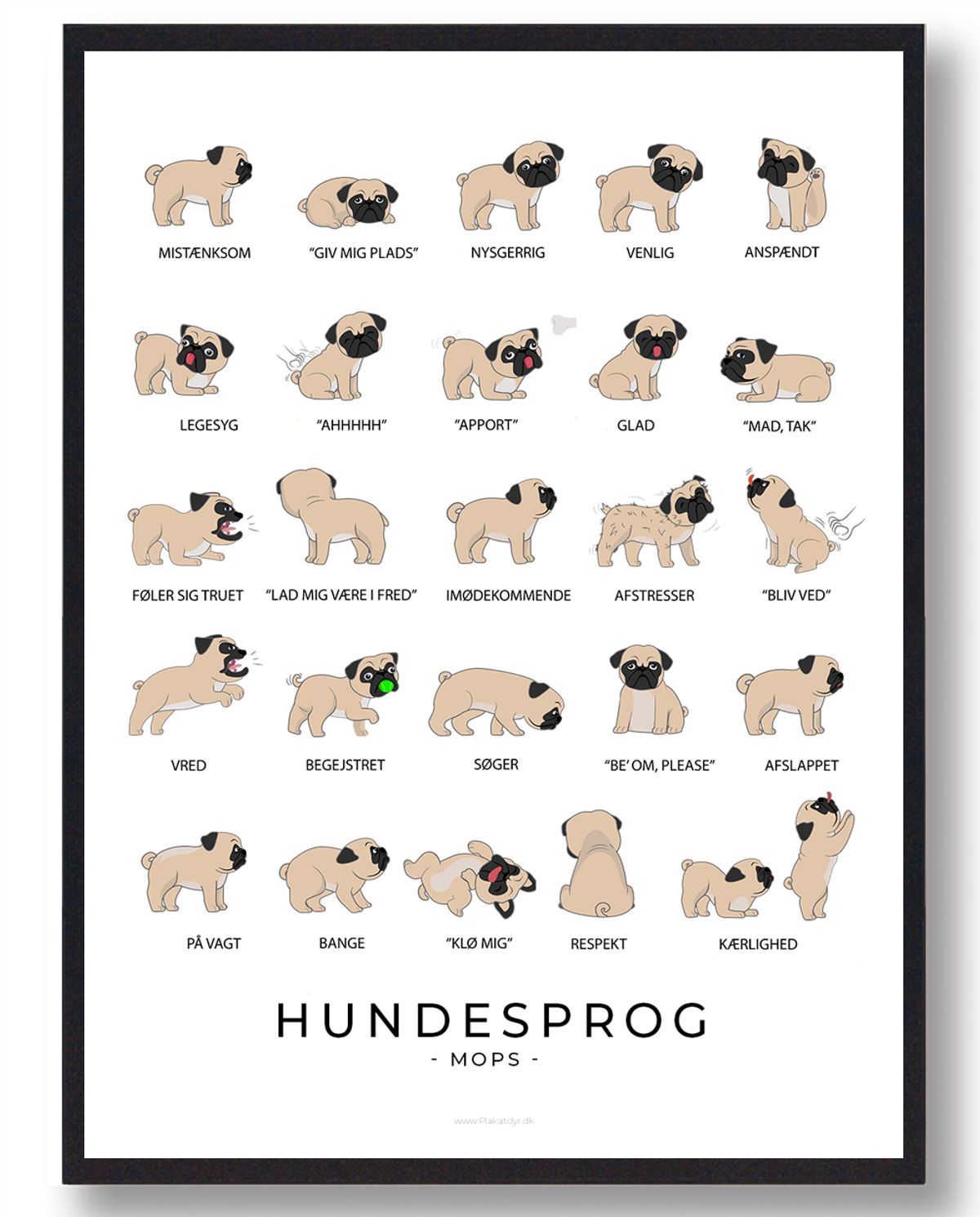 Mops plakat - Hundesprog (Størrelse: L - 50x70cm (B2))