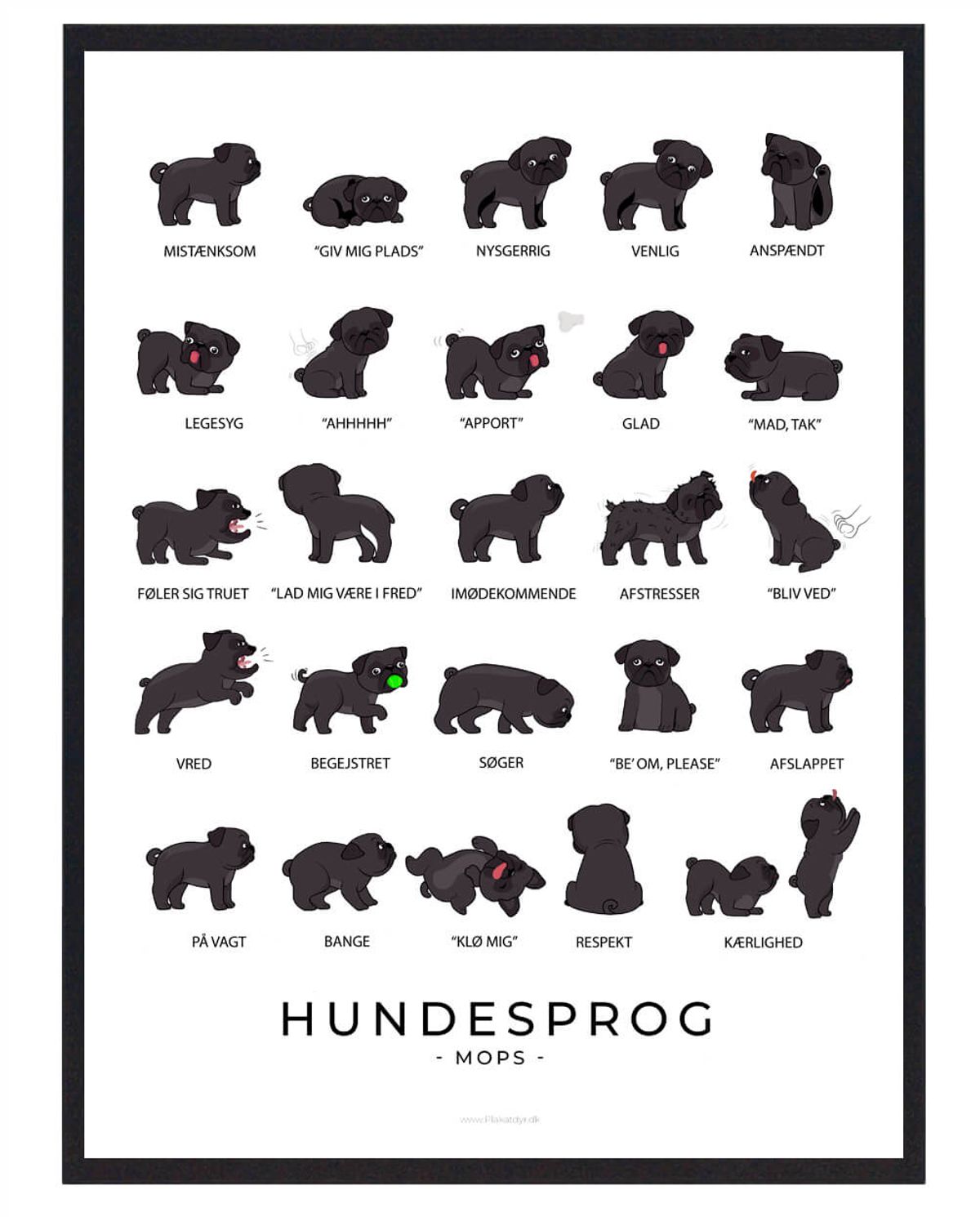 Mops sort plakat - Hundesprog (Størrelse: L - 50x70cm (B2))