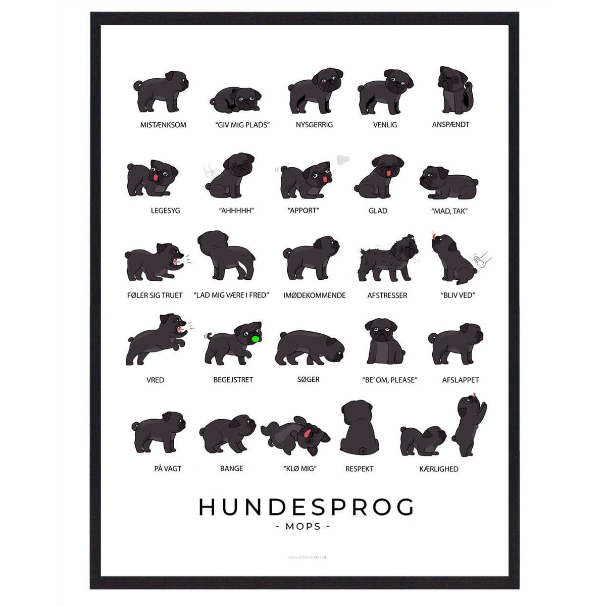 Mops sort plakat - Hundesprog (Størrelse: M - 30x40cm)