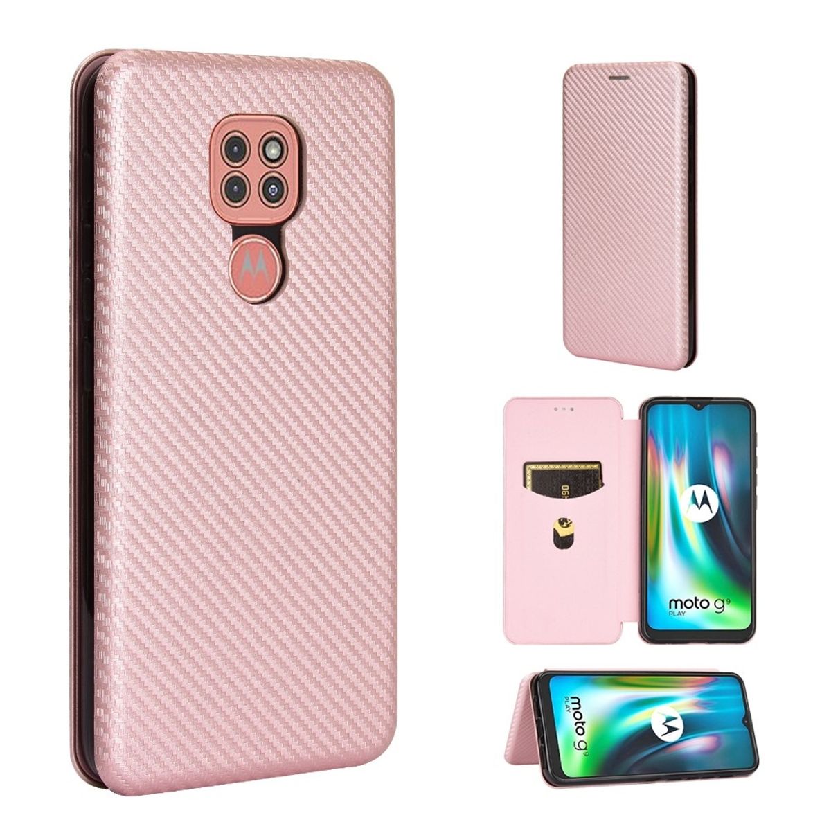 Motorola G9 Play - Cover i Børstet design med indbygget kortholder - Rosa guld