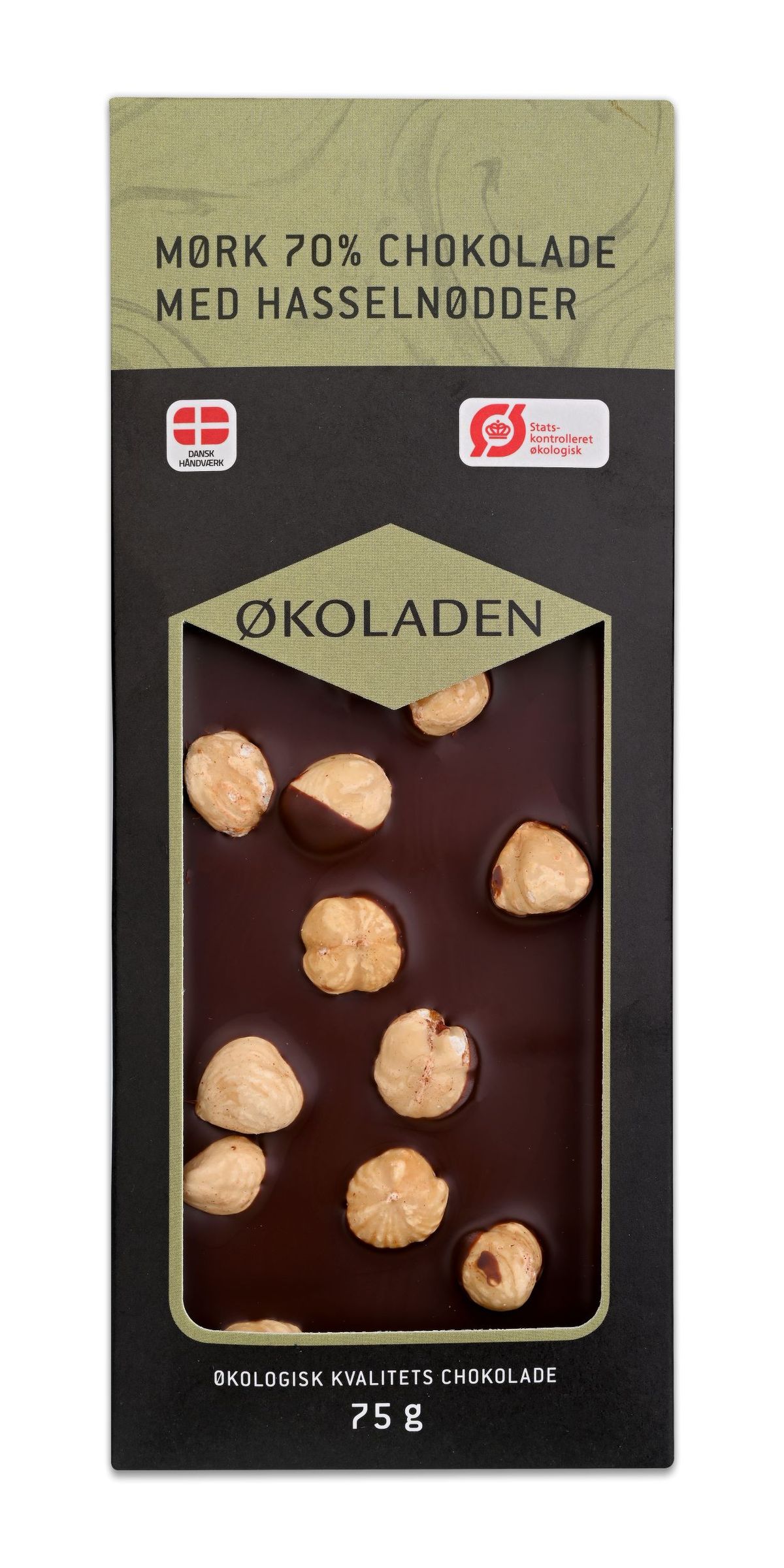 Mørk 70% Chokolade med Ristede Hasselnødder