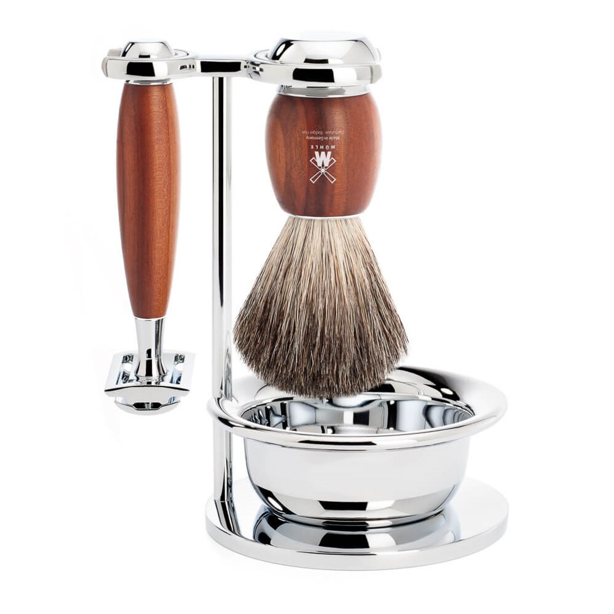 Mühle Barbersæt med DE-skraber, Barberkost, Holder og Skål, Vivo, Blommetræ