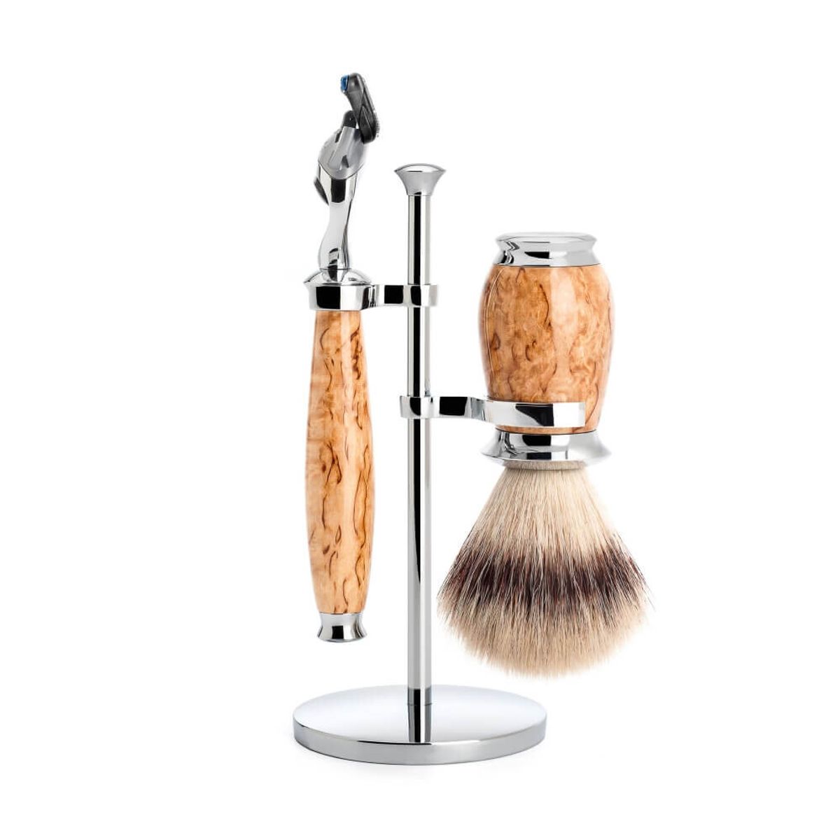 Mühle Barbersæt med Fusion Skraber, Silvertip Fibre ® Barberkost og Holder, Purist, Karelian Burl Birk