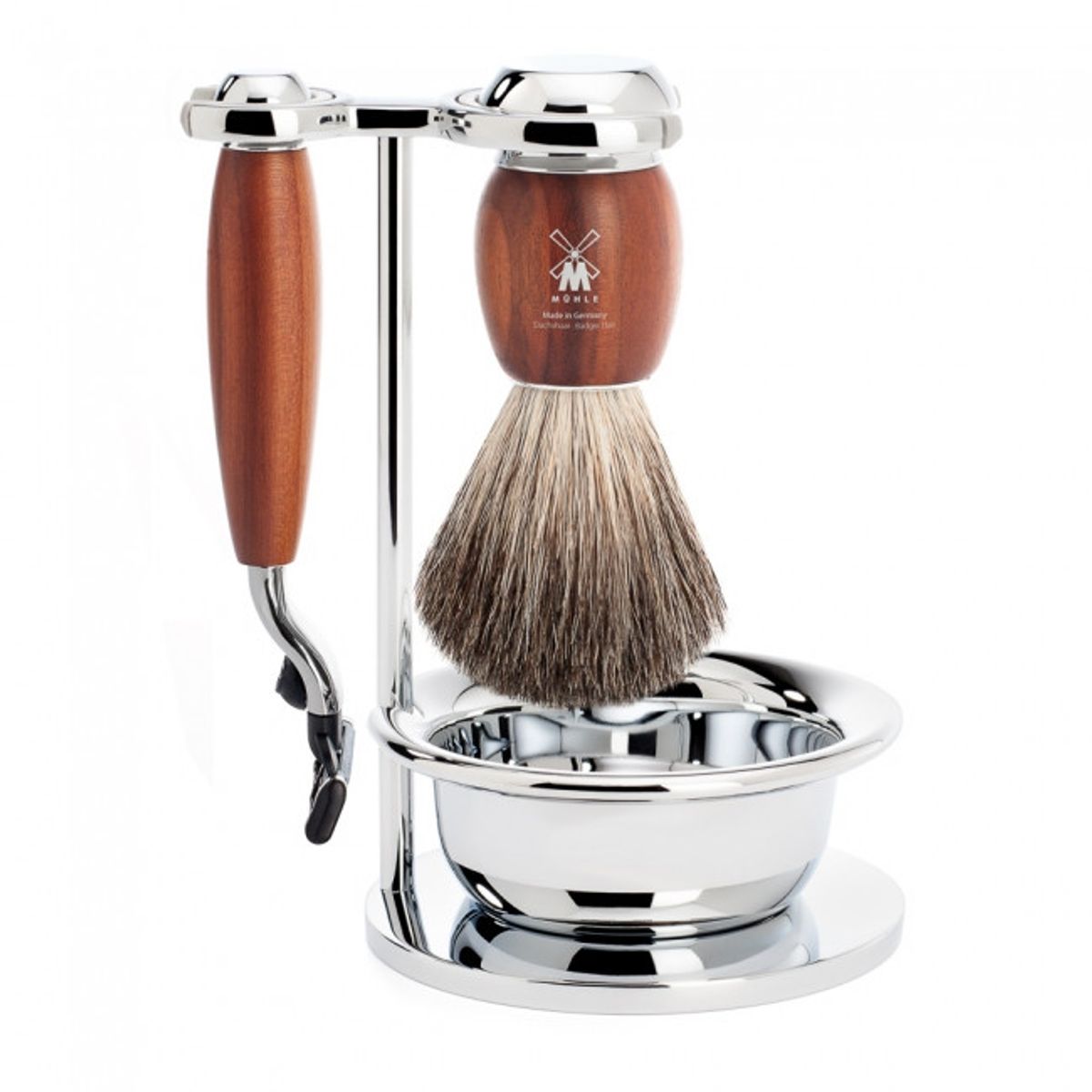 Mühle Barbersæt med Mach3 Skraber, Barberkost, Holder og Skål, Vivo, Blommetræ