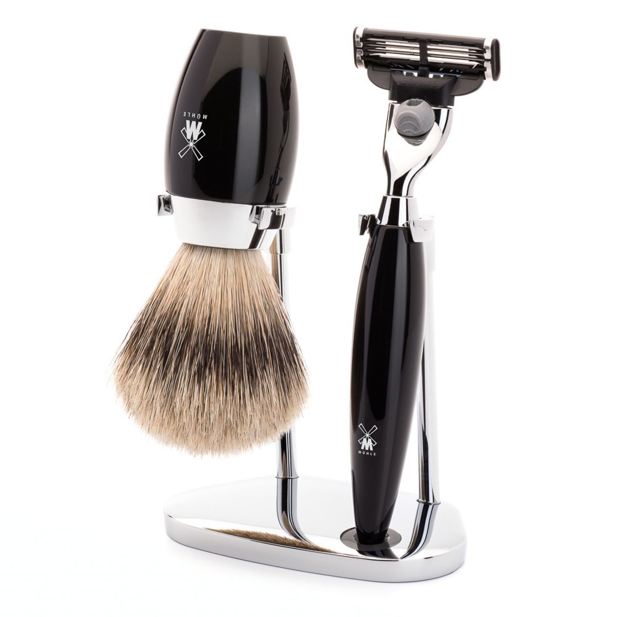 Mühle barbersæt med Mach3 Skraber, Barberkost og Holder, Kosmo, Sort Kunstharpiks