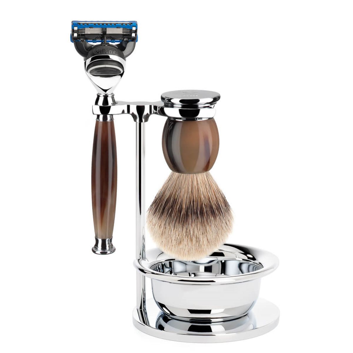 Mühle Barbersæt med Skraber, Silvertip Barberkost, Holder og Skål, Sophist, Genuine Horn