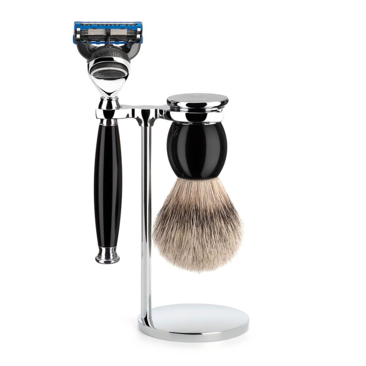 Mühle Barbersæt med Skraber, Silvertip Barberkost og Holder, Sophist, Sort Kunstharpiks