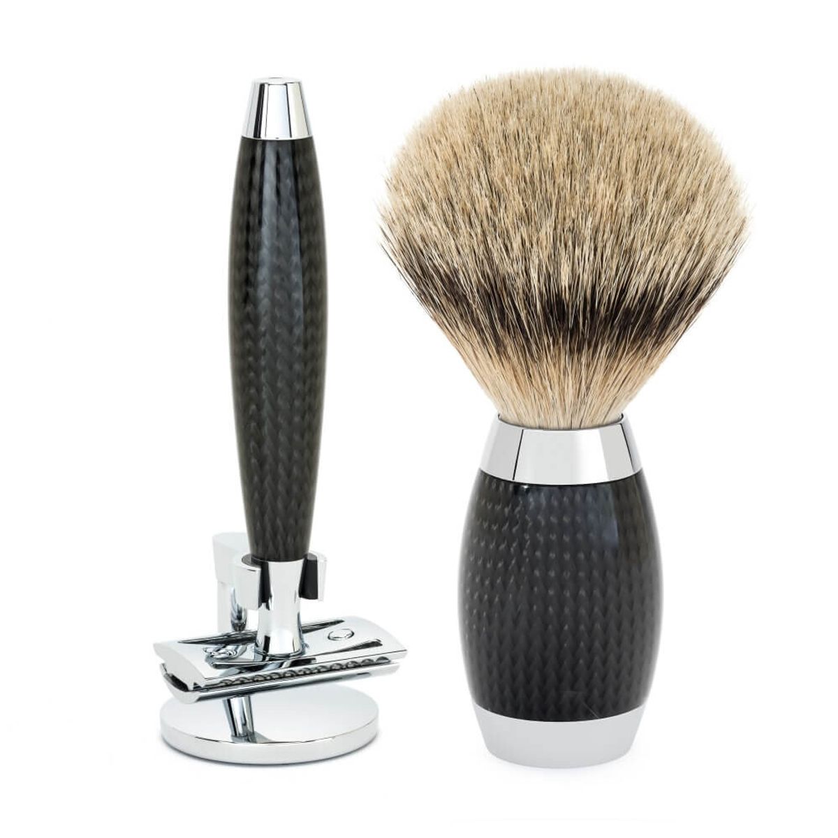 Mühle Edition No. 1, Barbersæt med DE-skraber, Silvertip Badger Barberkost og Holder til skraber, Carbon