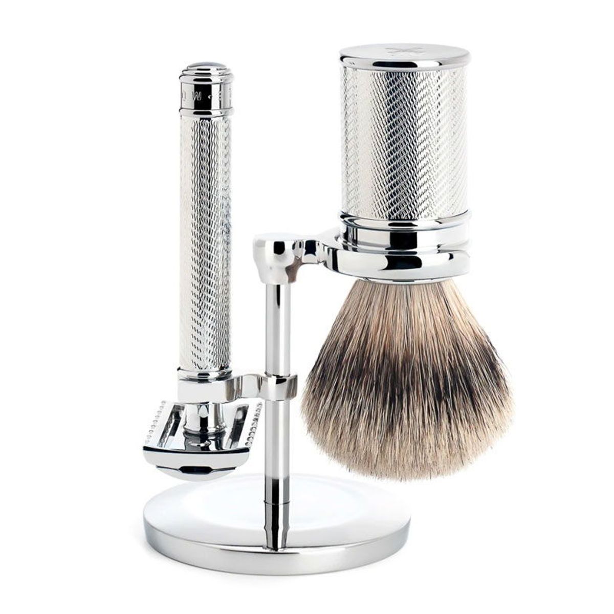 Mühle Traditionel Barbersæt: DE-Skraber, Silvertip Badger Barberkost og Holder, Chrome