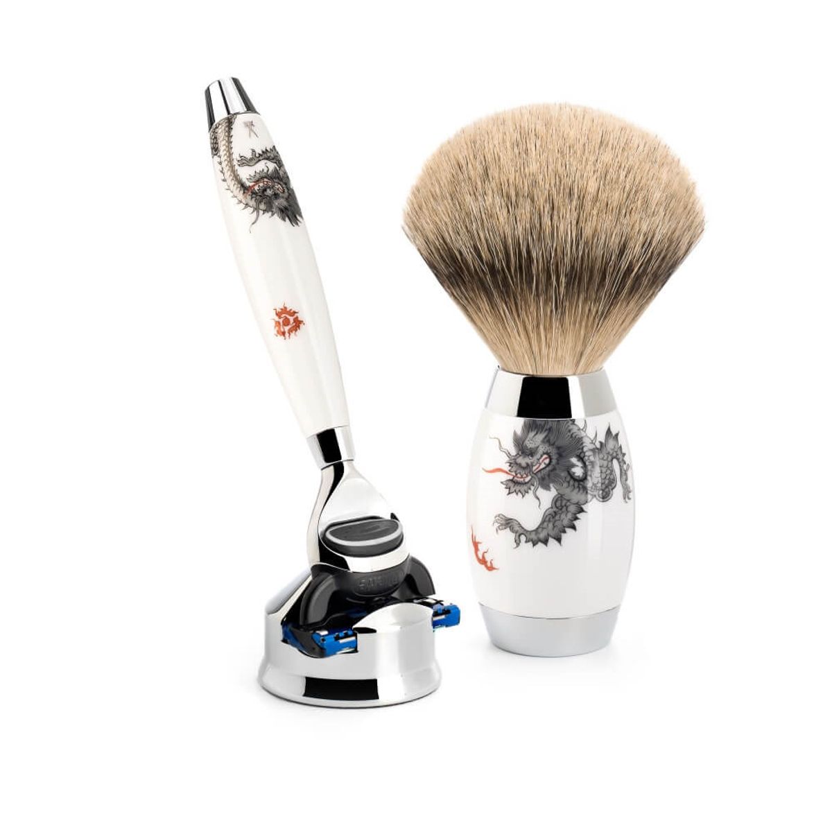 Mühle x Meissen Porcelain Barbersæt med Fusion Skraber, Silvertip Barberkost og Holder, Porcelæn