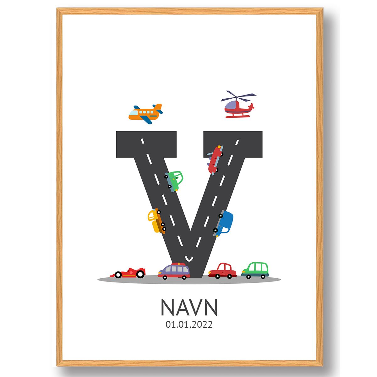 Navneplakat med biler - V (Størrelse: L - 50x70cm (B2))