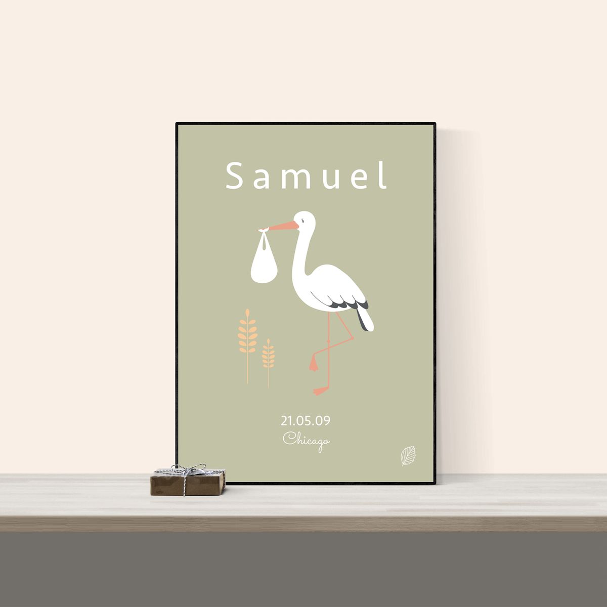 Navneplakat med by & dato, Stork oliven - 50x70 cm - Nordic Simply