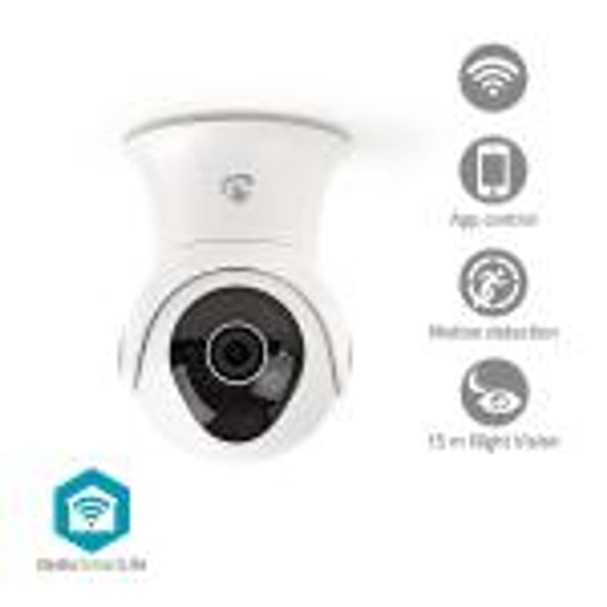 Nedis SmartLife udendørskamera | Wi-Fi | Full HD 1080p | IP65 | Cloud / Internal 16GB | 12 VDC | Med bevægelsessensor | Nattesyn | Android & iOS | Hvid