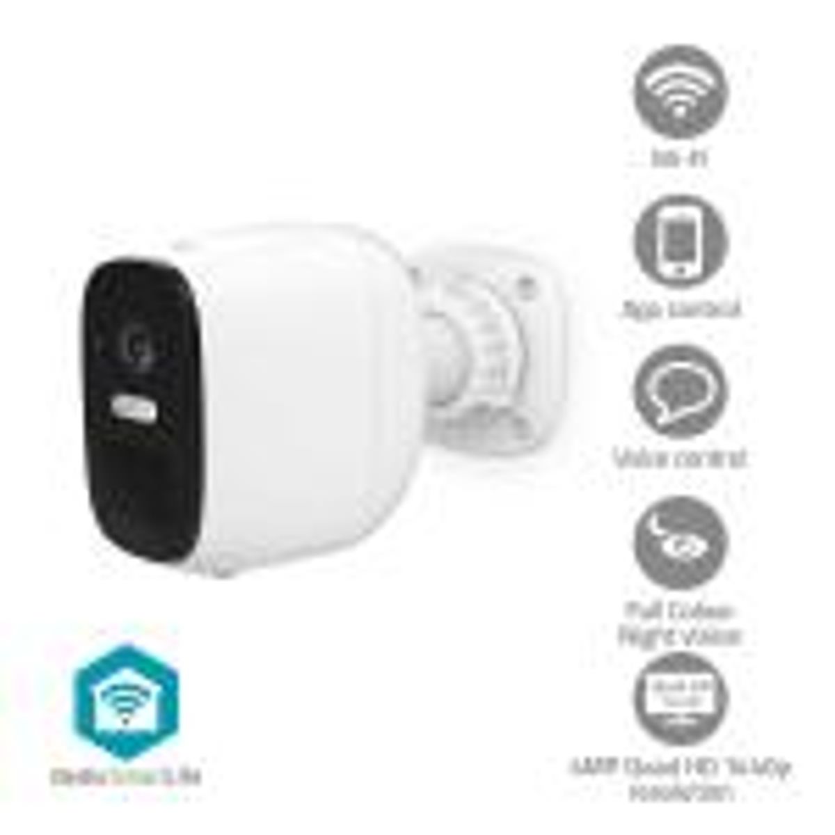 Nedis SmartLife udendørskamera | Wi-Fi | Spotlight | 4MP Quad HD 1440p / 2560x1440 | Pan tilt | IP66 | Maks. batteritid: 10 Måned | Cloud Storage (mulighed) / microSD (ikke inkluderet) | 5 V DC | Med bevægelsessensor | Nattesyn | Hvid