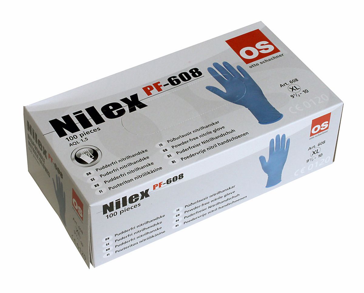 Nilex engangshandske str. 10(XL), nitril pudderfri - tykkelse 0.10 mm. Blå. Pakke a 100 stk.