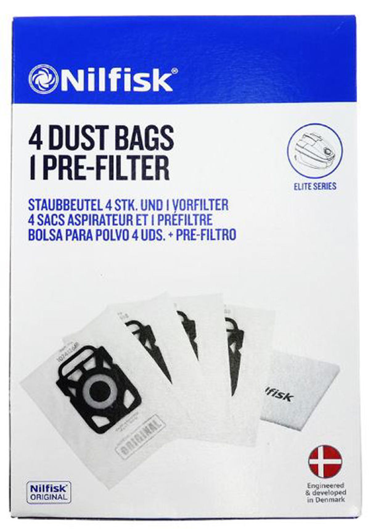 Nilfisk original 4 dust bags + 1 pre-filter elite series art. No. 107412688